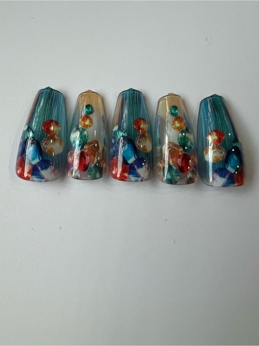 Hand-Painted Jewel Accent Press-On Nails in Teal and Multicolor